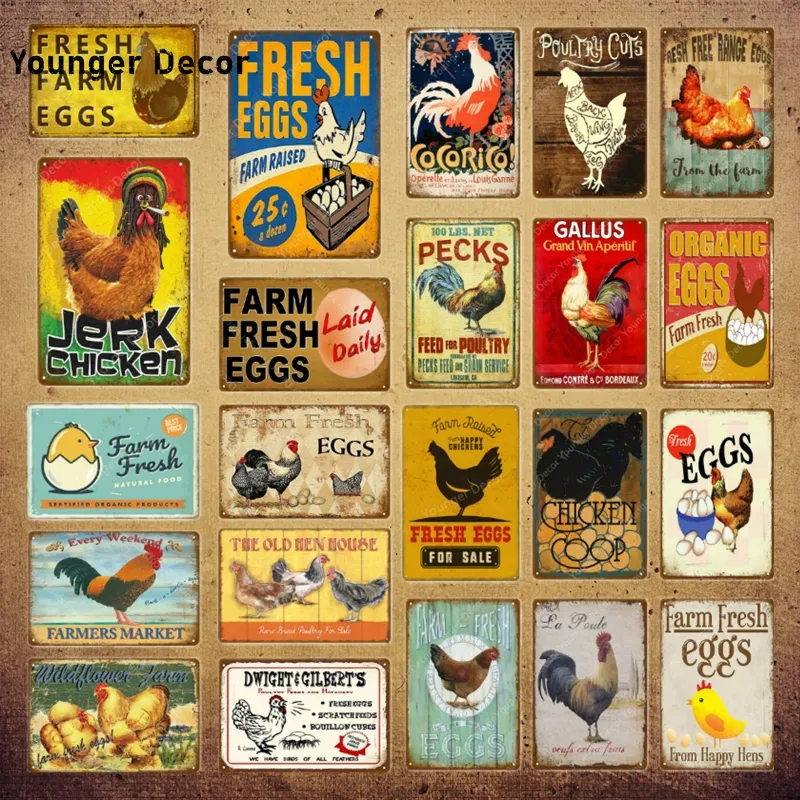 Segni di stagno di pollo uova biologiche poster in metallo vintage agricoltura decorazione murale decorazione da parete gallo retrò di piastra fresca uova fresca dipinto di ferro 30x20cm W01