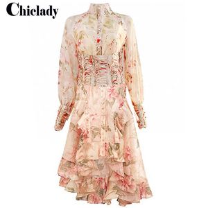 Chiclady Runway Designer Fleur Haute Qualité Volants Boutons Celebrity Party Maxi Robe Asymmerical Single Breasted Mujer Robe 201204