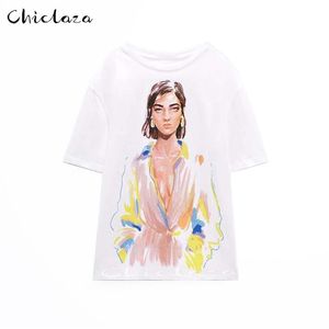 Chiclaza Summer Women European en American Style PREICE PRINTING T -shirt vrouwelijke ronde nek korte mouwen witte katoenen top 220628