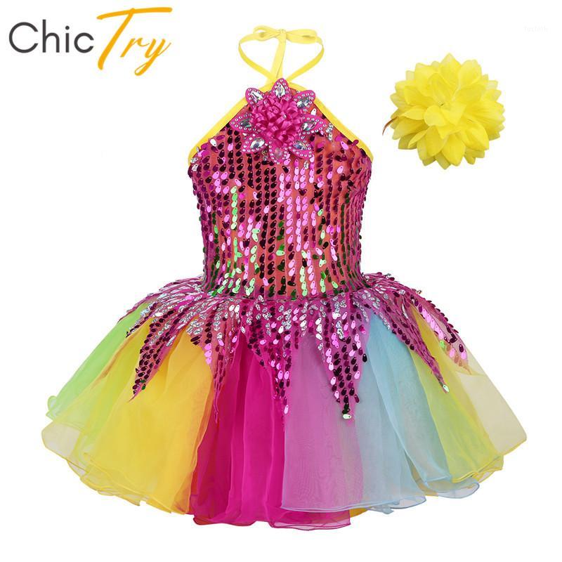 Odzież sceniczna ChicTry dzieci dziewczyny cekiny kwiat aplikacja kolorowa baletowa spódniczka tutu sukienka dzieci Halter Performance kostiumy do tańca jazzowego Set1