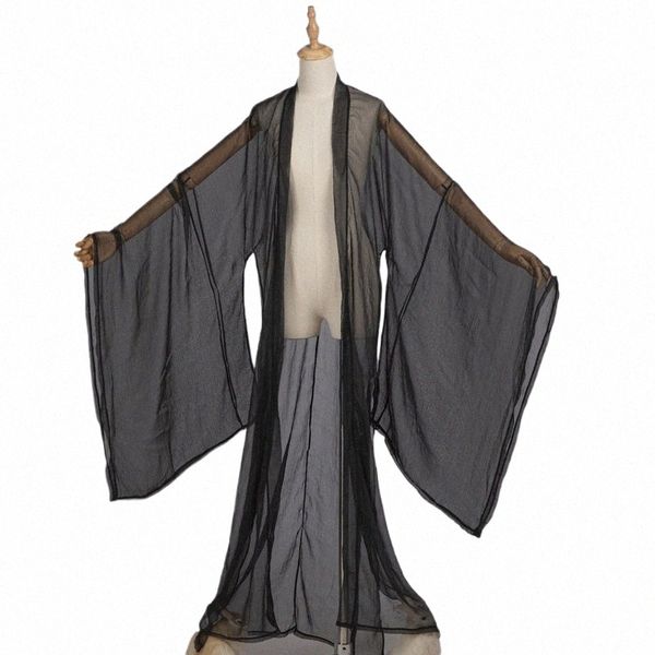 Chiff Noir Hanfu Cape Fée Cardigan Chinois Vêtements Traditionnels Hanfu Manteau Manches Larges Hommes Femmes Festival Porter DNV16364 f1Ri #