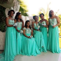Chiffon 2021 Mint Green Boho Bruidsmeisje Jurken Lace Applique Off the Shoulder Mouwlive Maid of Honor Jown Plus Size African Wedding