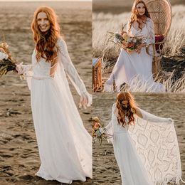 Chiffon A-Line Boho Beach trouwjurk met lange Boheemse Tassel Lace Jacket 2 stuks Summer Herfst Bruidsjurken Backless Spaghetti Robe