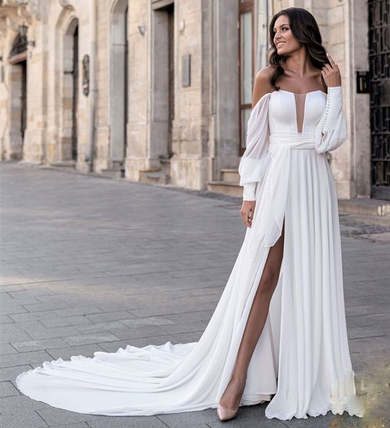 Mousseline De Soie A-ligne Robe De Mariée Hors Épaule Plage Manches Longues Bouffantes Col En V Fente Robes De Mariée Sexy Robes De Novia Sur Mesure