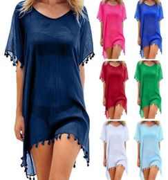 Gasa Beach Cover Ups Mujeres Borla Bolas Ropa de playa Traje de baño Pareo sólido Ropa de playa Ver a través de Lady Summer Mini vestido 10 colores 7599376