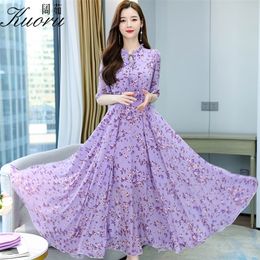 Chiffon Beach Purple Dress Floral Tunics Long Women jurken zomer elegant gele ruche casual korte mouw feest maxi 220516