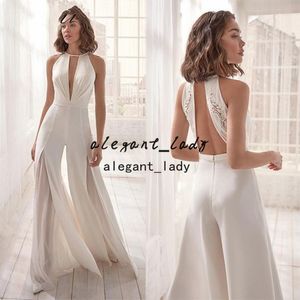 Chiffon Beach Wedding Jumpsuit Sexy Sleutelgat Hals Kant Backless Fairy Flowy Rok Bruidsjurk met Pant Suit Abiti SPOSA 2022