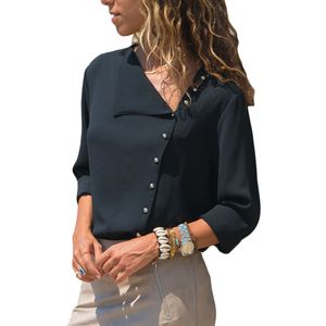 Chiffon blouse mode lange mouwen damesblouses tops schuine kraag effen kantooroverhemd casual tops blusas chemise femme