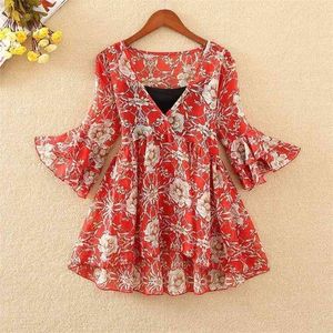 Chiffon Blouse TPS Floral Kimono Boho Ruffle Shirt Dames Tops en Blouses Plus Size Koreaanse Harajuku -kleding Camisa DF2448 210326