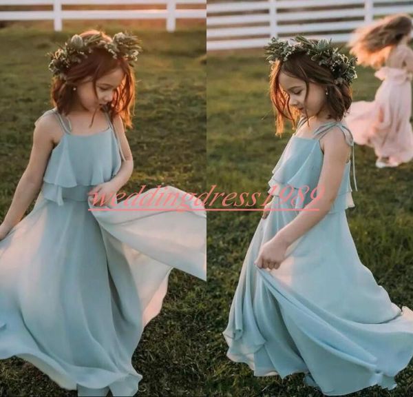 Chiffon Bohemian Girls Pageant Dress Spaghetti Niña de niña Vestidos de cumpleaños Formal Party Wear Vestidos de chicas de flores Vestido de primera comunión