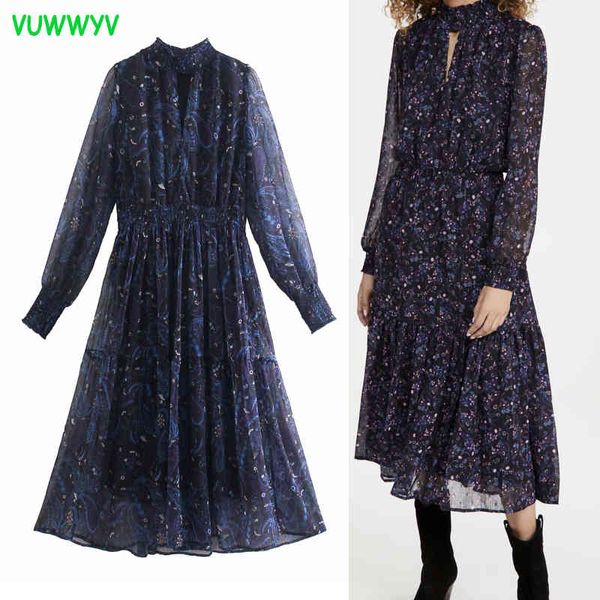 Chiffon Bohemian Print Midi Robe Midi Printemps Spring Vintage Femme plissée Femme longue Manches à manches longues Taille élastique Vestidos 210430