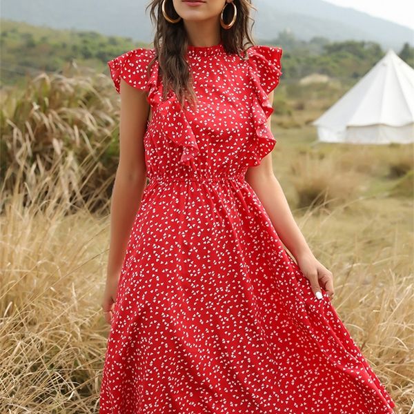 Mousseline de soie Dres élégant été imprimé fleuri à volants a-ligne robe d'été décontracté ajusté vêtements aux genoux robes rouges pour les femmes 220517