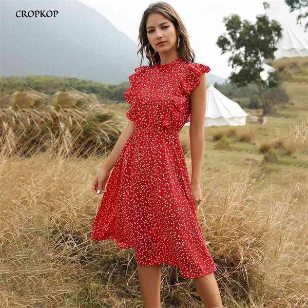 Robe en mousseline de soie Femmes Élégant Summer Floral Print Ruffle A-Line Sundress Casual Vêtements ajustés aux genoux Robes rouges pour les femmes 210325