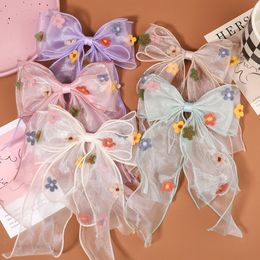 Horquillas con lazos grandes bordados de gasa para niños y niñas, Clip de primavera con flores dulces, accesorios para el cabello de moda