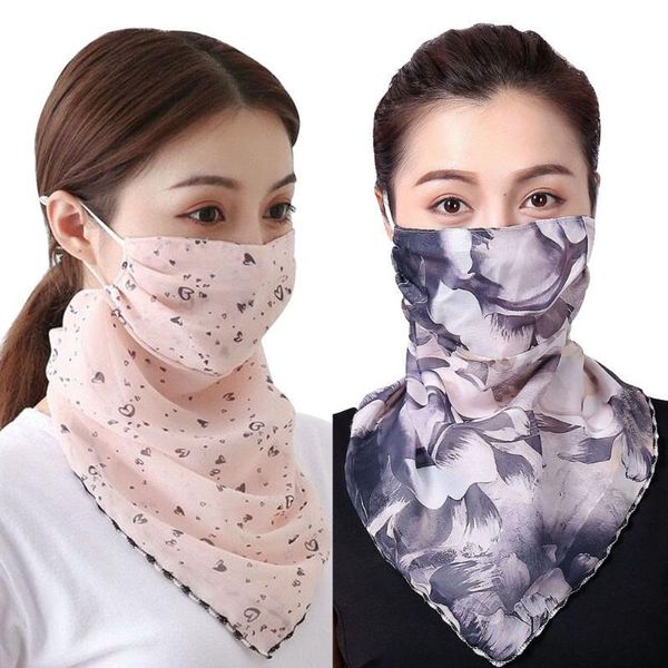 Mousseline de soie couverture de visage femmes Protection solaire écharpes cou couverture solide imprimé Foulard Femme équitation bouche anneau Bandana sciarpa