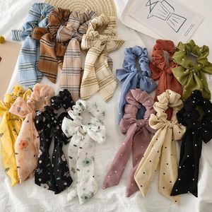 Chiffon Haar Scrunchies Bow Dames Accessoires Bands Ties Scrunchie Paardenstaarthouder Bloemen Dots Plaid Stripe Big Long Streamer