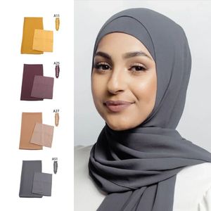 Hijab en mousseline de soie avec capuchon intérieur assorti femmes musulmanes Hijab foulard en mousseline de soie Long châle avec capuchons intérieurs en Jersey de couleur assortie 240301
