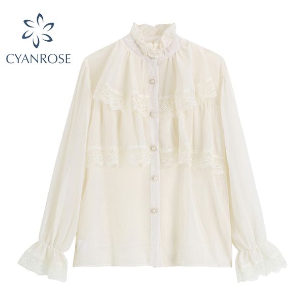 Blouses Et Chemises Coréennes En Mousseline De Soie Pour Dames Élégant Flare À Manches Longues Simple Poitrine Perle Spliced Dentelle Rétro Blusas Tops 210417