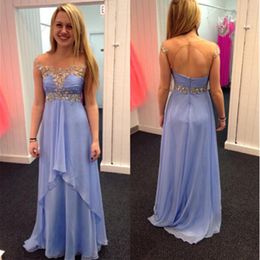 Lila Chiffon Lange Avondjurken Beaded Ronde Hals Prom Jurken Geplooide Vloerlengte Formele Jurk Vestido de Festa Longo