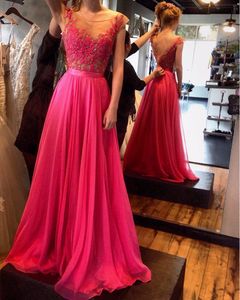 Chiffon Long Prom -jurken met kanten Appliques Mouwloos doorzag door formele jurk 2018 avondjurken