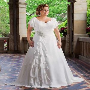 Mousseline de soie grande taille robes de mariée robes de mariée à manches courtes col en V perlé volants une ligne robe à lacets dos sur mesure Made325Y