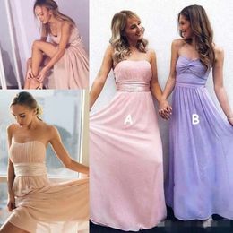 Chiffon ruches bruidsmeisje goedkoop 2019 strapless jurken vloer lengte lange bruidsmeisje jurk op maat gemaakte strand bruiloft gasten feestjurk