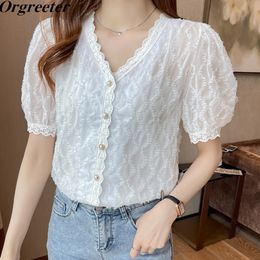 Chiffon Shirt Vrouwelijke Zomer V-Neck Short Puff Sleeve Ruches Applicaties Single-Breasted Casual Blouse Dames Tops 210525