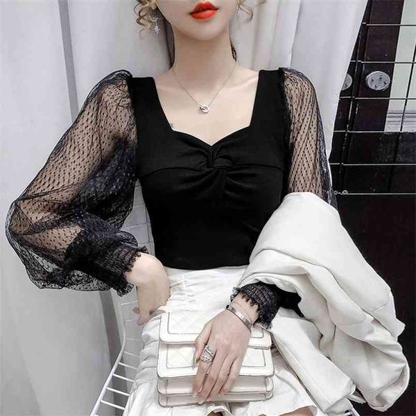 CAMISETA DE GASTA VERANO MUJERES BLUSAS COREAN BLUSAS CHIC PLOTE COLLAR PLAZO SLIM BLOUSES POLKO DOT GAUZE PATCHWORK TOPS FEMME 210519