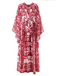 Chiffon Zijde Damesjurk Driekwart Vliegende Mouw V-hals Feestvakantie Lange Vestidos Mode Rode Porselein Afdrukken