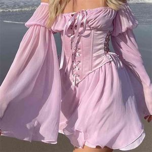 Chiffon slash nek mini jurk vrouwen zomer strand vakantie lange mouw corset bandage sundress partij casual jurken roze 210529
