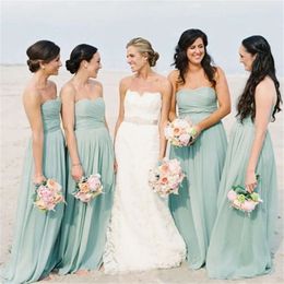 Chiffon strapless groene jurken 2020 eenvoudige bruidsmeisje goedkope ruches plooien op maat gemaakte vloer lengte bruidsmeisje jurk voor strandhuwelijk
