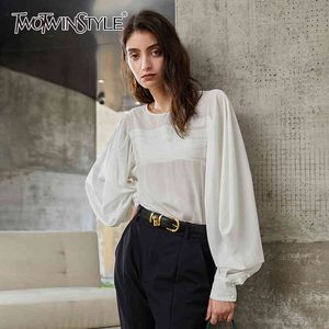 Chiffon gestreepte witte vrouwen shirt o hals lantaarn mouw grote maat casual blouse vrouwelijke herfst mode 210524