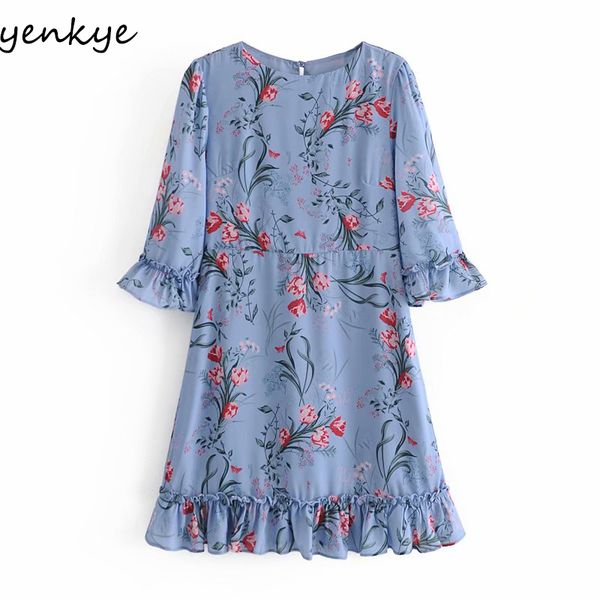 Vestido de verano de gasa para mujer Vintage Prairie Chic Estampado floral Mujer O Cuello Mariposa Manga Ruffle Túnica corta 210430