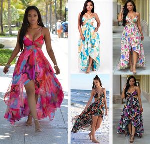 Chiffon zomer flora bedrukte slip lange jurk zwierige backless bohemien maxi-jurken overgooier strand boho chic grote maat XXXL sh4715027