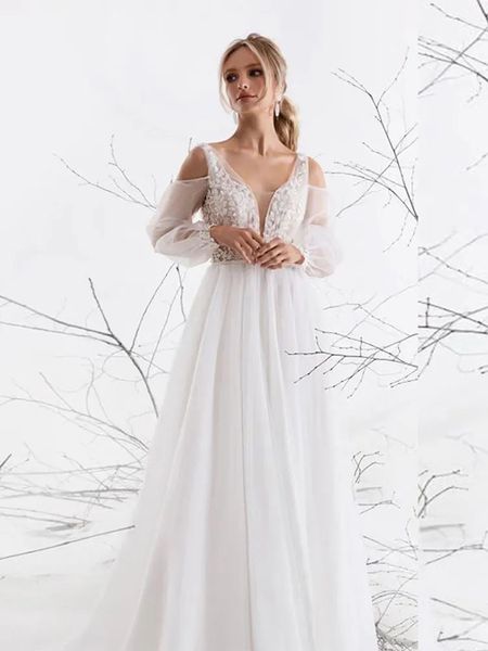 Mousseline en V V sexy Wedding 2024 White Fork Designs Robe de mariée pour une femme à manches Bouche nuptiale sur mesure YD