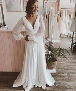 Robe De mariée en mousseline De soie, ligne a, manches longues, plissée, col en v, magnifique Train Court, robes De mariée simples, Robe De plage gracieuse