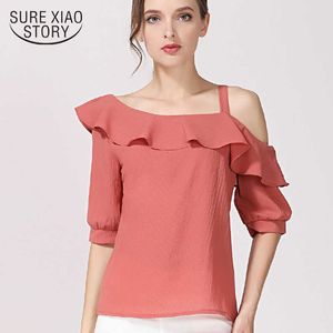 Chiffon Vrouwen Blouse Shirts Elegante Effen Kleur Dameskleding Korte Mouw Zomer Mode Dames Tops 123J 30 210528