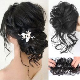 Chignon Human Hair Bundles Chignon Messy Curly Hair Band Band Elastic Scrunchy False Cair Pieces Hairpins Black Perruques pour femmes HEUR HUMAIN