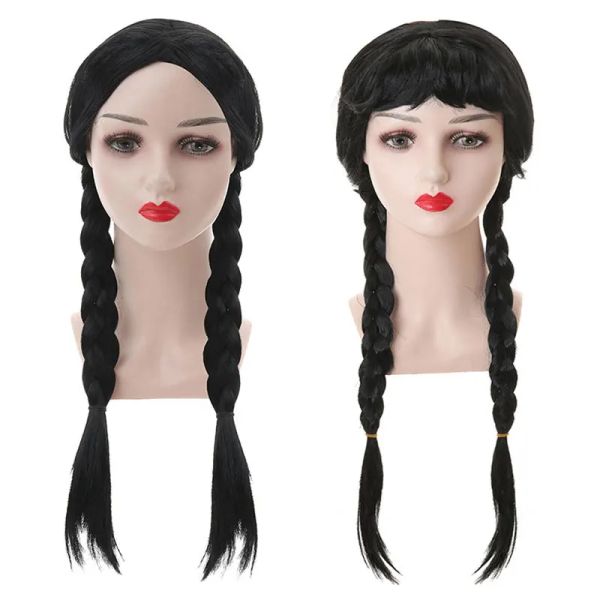 Perruque longue tressée noire avec frange, Chignon, queue de cochon, perruques du mercredi, tresses de Costume gothique d'halloween, Anime Double tressé