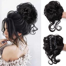 Chignon rommelige haarbroodjes scrunchies voor vrouwen warrige updo broodje synthetische golvende krullende chignon paardenstaart haarstuk voor dagelijkse slijtage (zwart)