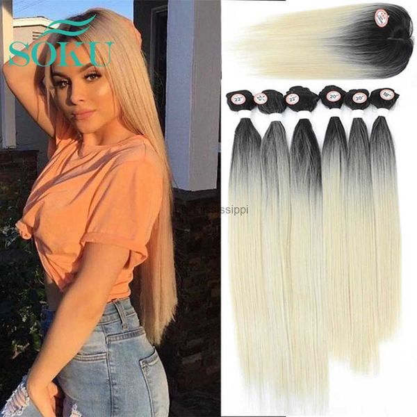 Chignons Fermeture de Cheveux Synthétiques Tissage Bundles Cheveux Ombre Blanc Couleur Weave Bundles SOKU Nature Extensions de Cheveux Raides 6 BundlesL240124