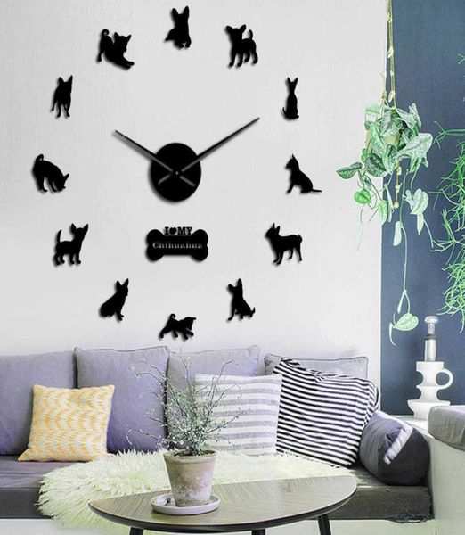 Chihuahua 3D bricolage muet acrylique horloge murale chiot chien races mur Art décor horloge montre carlin animaux auto-adhésif créatif spectacle X07263787414