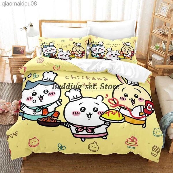 Juego de ropa de cama Chiikawa, juego de cama individual doble tamaño Queen King, juego de edredón para dormitorio de chico Aldult, juego de sábanas con estampado 3D de Anime L230704