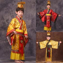 Kind Chinees Traditionele Hanfu Dress Men Boys Emperor King Stage Red Clothing Children Costumes Tang Suit Kids Robe Hat Sets262A