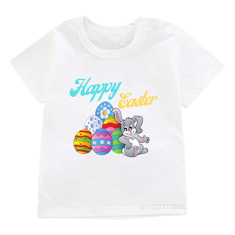 Child Christian Holiday Faith T-shirt Kids Easter Party Eggs Print Clothes Top Boys/Girls Rabbit And Flowers Clothing Gift