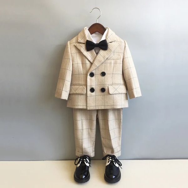 Enfant formel britannique robe à carreaux costumes ensemble printemps et automne garçons fête d'anniversaire mariage piano spectacle costume enfants blazer pantalon 240122