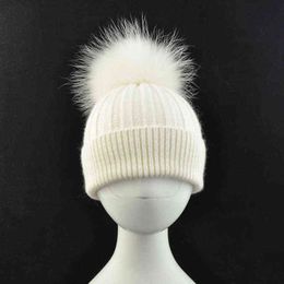 Kinderbont pom hoed mode hoogwaardige baby warm gebreide beanie cap kinderen echte wasbeer bont bal winter hoed j220722