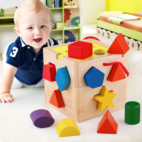 Livraison gratuite enfant forme géométrique paire blocs de jouets en bois bébé boîte de puzzle jouets de la petite enfance 0-3 ans rond carré coloré intelli
