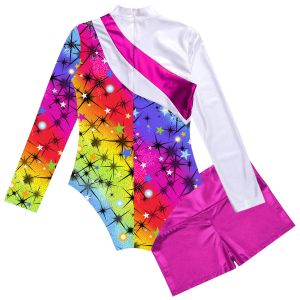 Child Girls Ballet Dance Tuchards Lange Mouw Print Gymnastics Bodysuit met shorts Skating Stage Performance Dancewear Swimwear