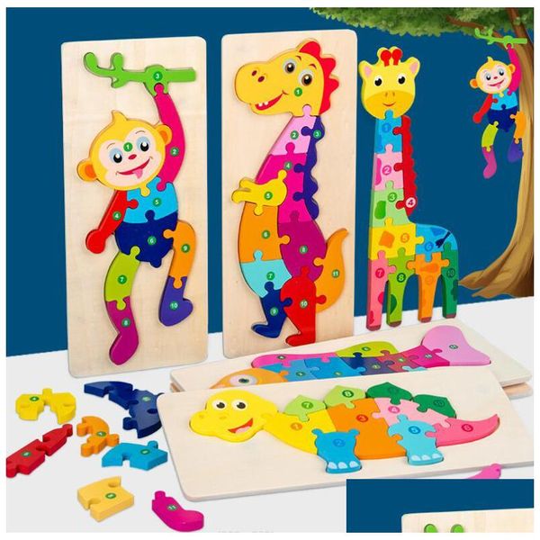 Niño Aprendizaje Educación Juguetes 20 Estilos 3D Animales de madera Dinosaurio Rompecabezas Colorf Número Aprender para niños Niño y niña 30X12Cm Grande Dhxln